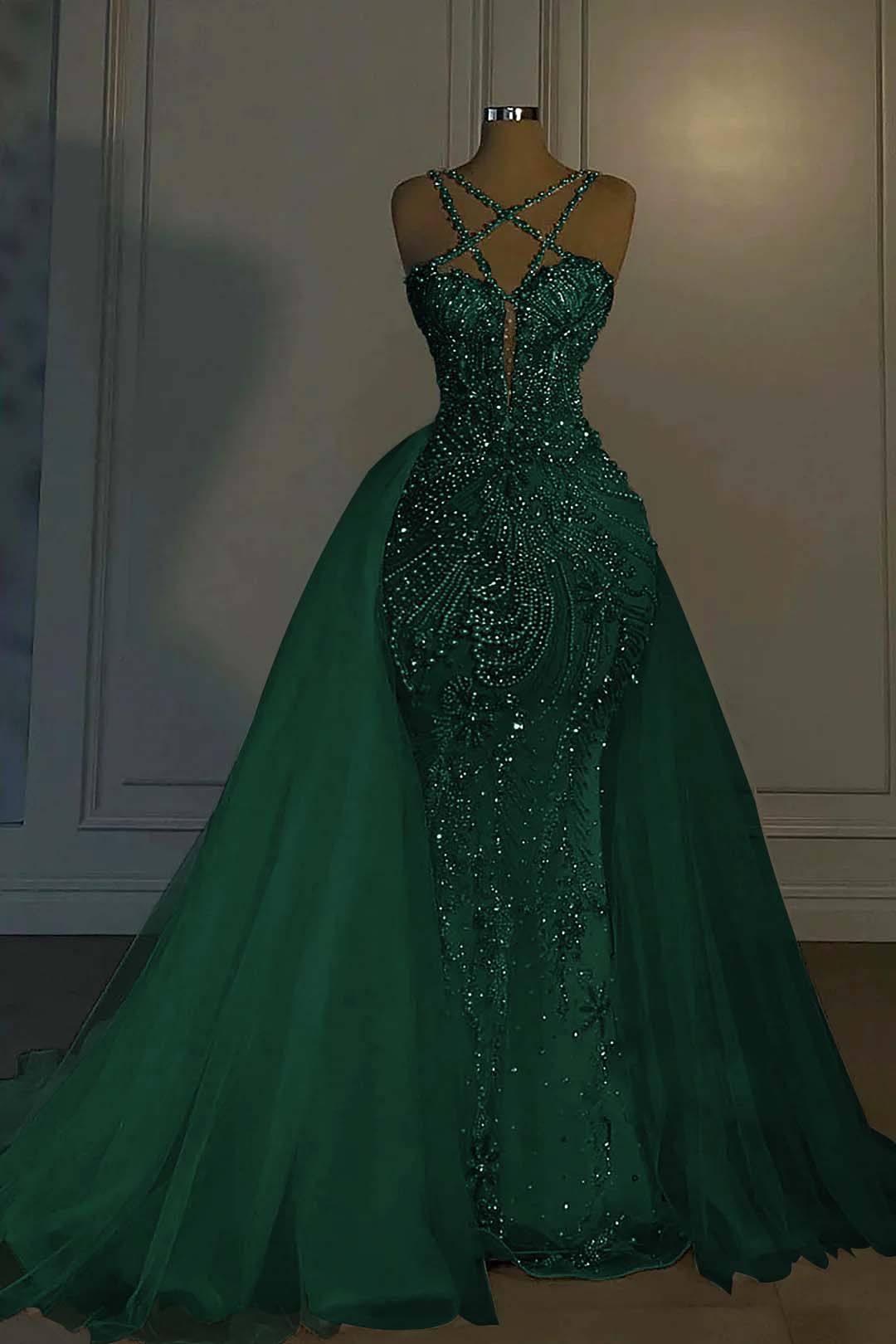 Halter Mermaid Long Prom Dress with Beading Tulle