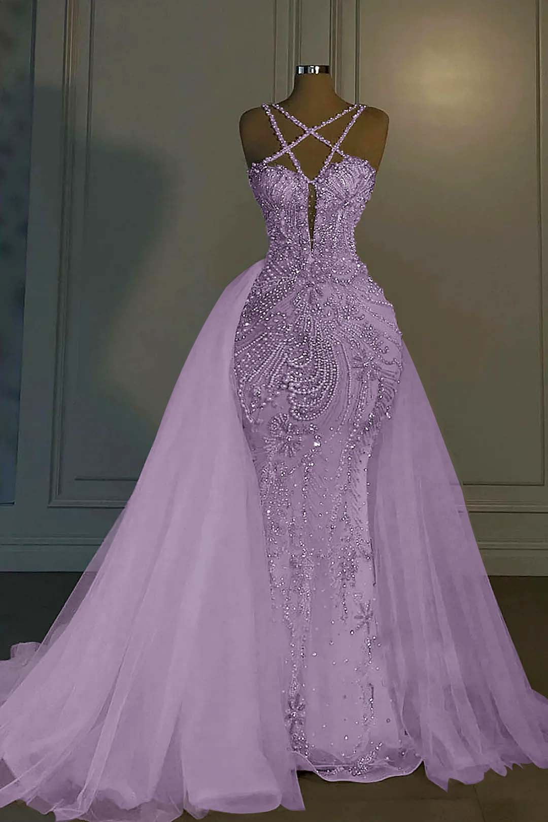 Halter Mermaid Long Prom Dress with Beading Tulle
