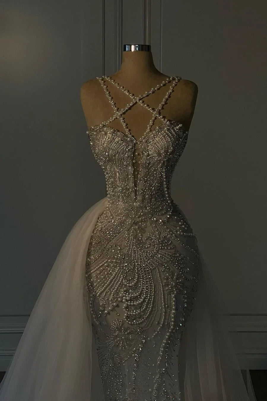 Halter Mermaid Long Prom Dress with Beading Tulle