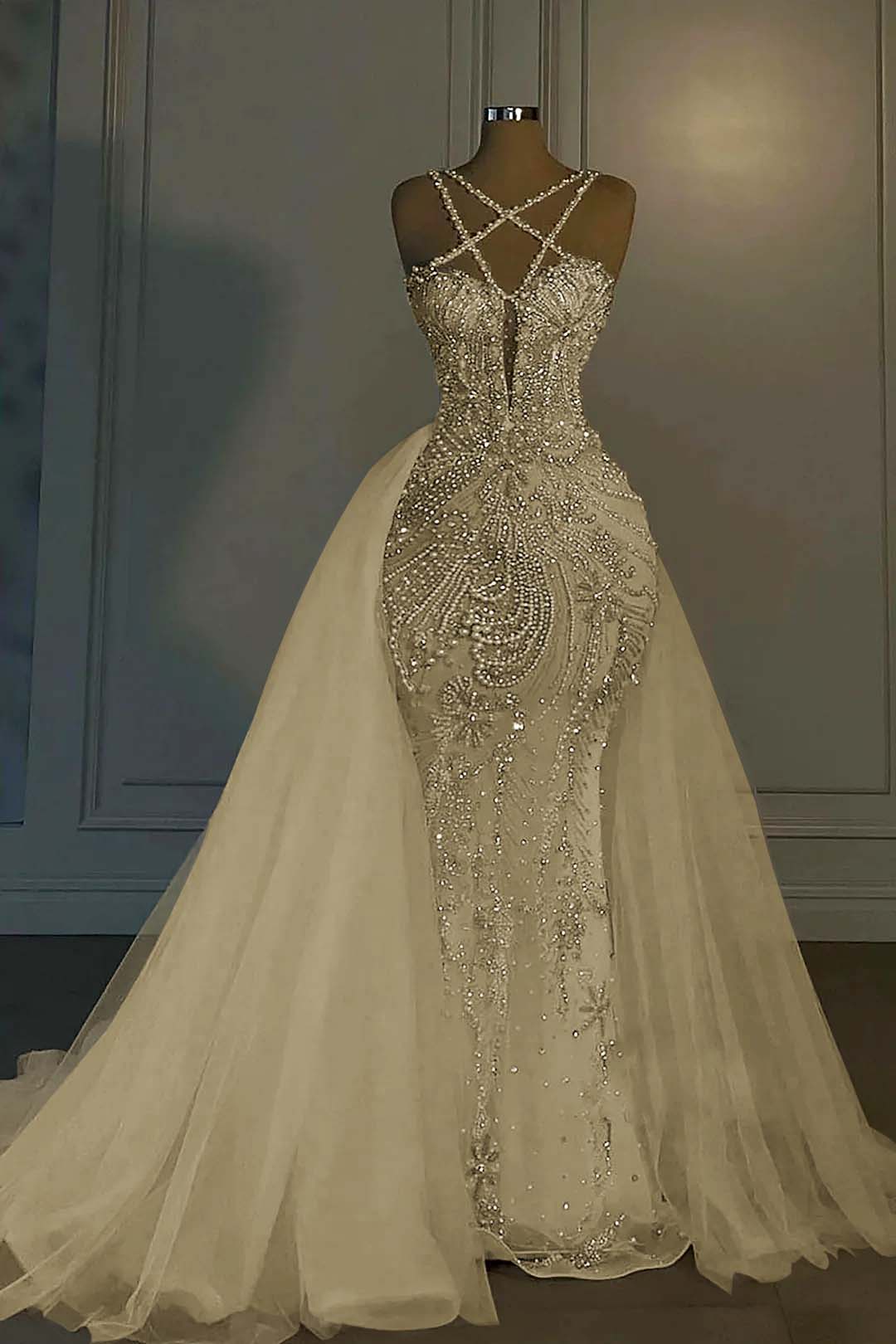 Halter Mermaid Long Prom Dress with Beading Tulle