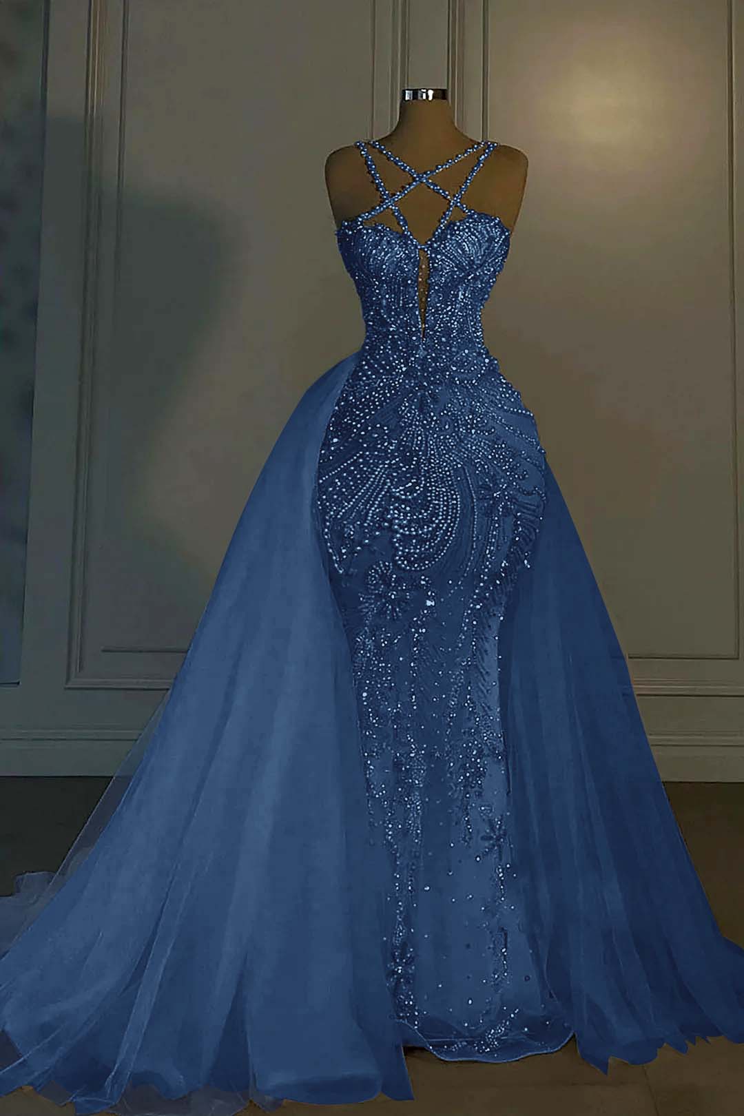 Halter Mermaid Long Prom Dress with Beading Tulle