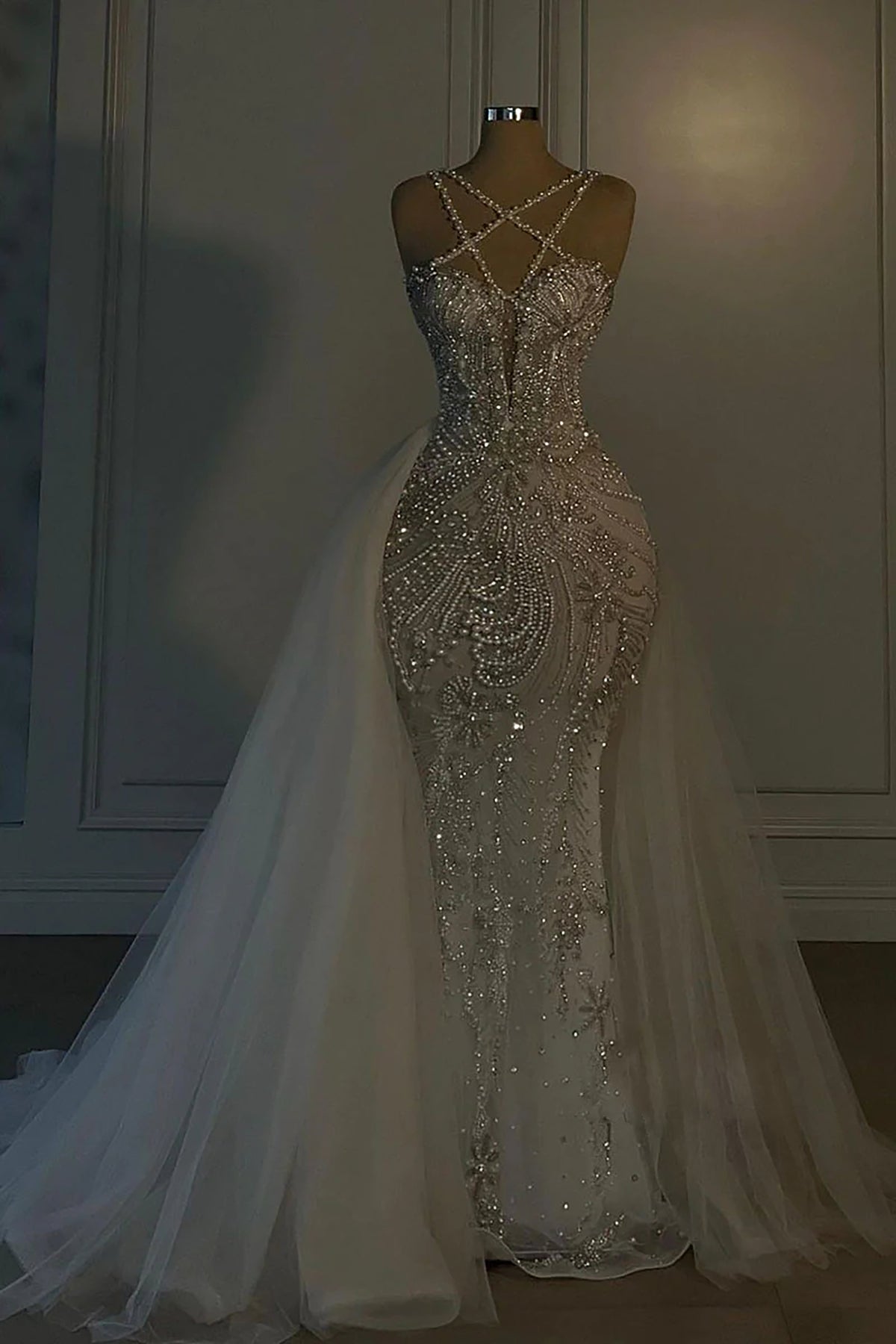 Halter Mermaid Long Prom Dress with Beading Tulle