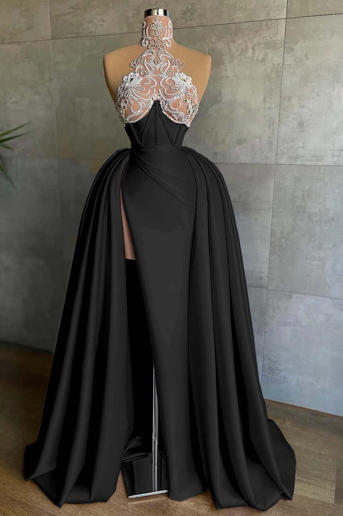 Halter Mermaid Long Prom Dress with Split and Appliques