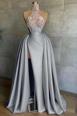 Halter Mermaid Long Prom Dress with Split and Appliques
