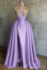 Halter Mermaid Long Prom Dress with Split and Appliques