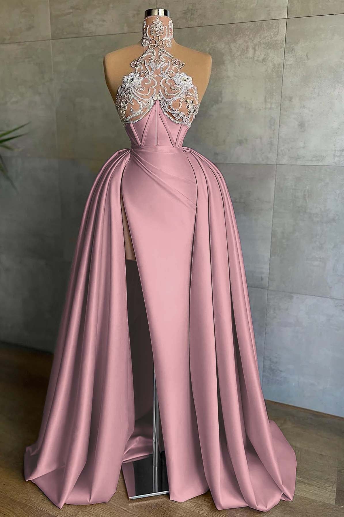 Halter Mermaid Long Prom Dress with Split and Appliques
