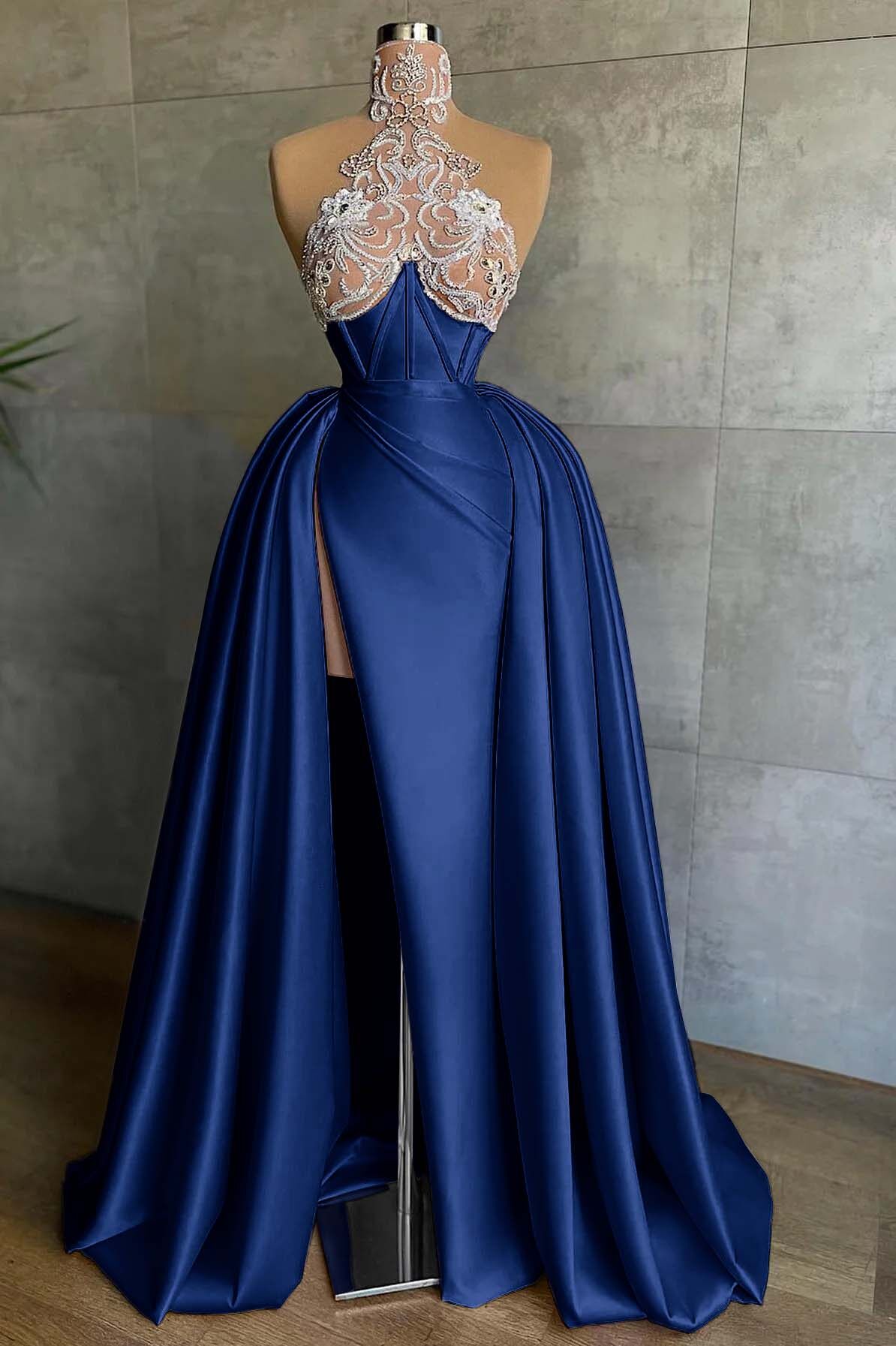 Halter Mermaid Long Prom Dress with Split and Appliques