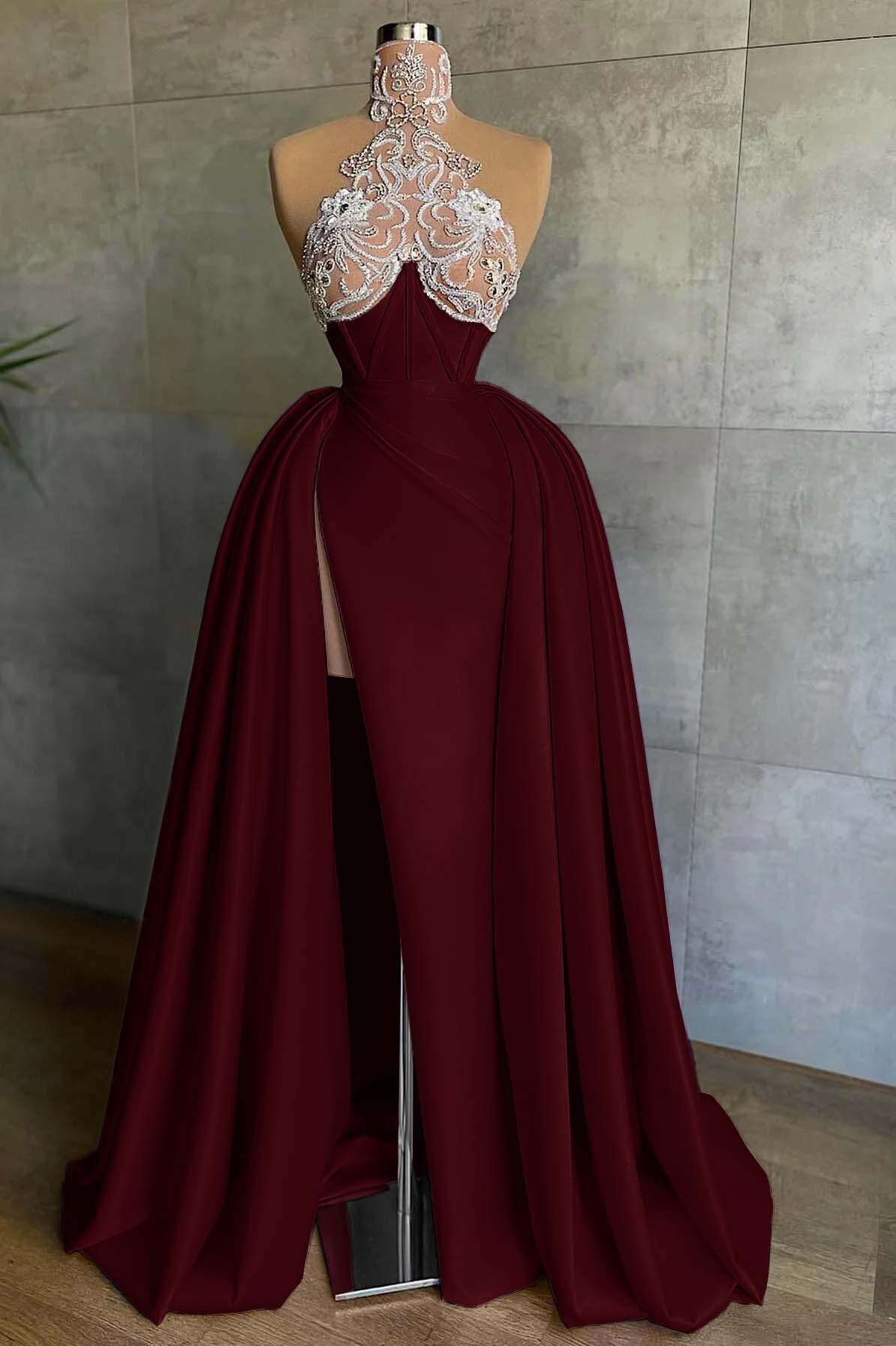 Halter Mermaid Long Prom Dress with Split and Appliques