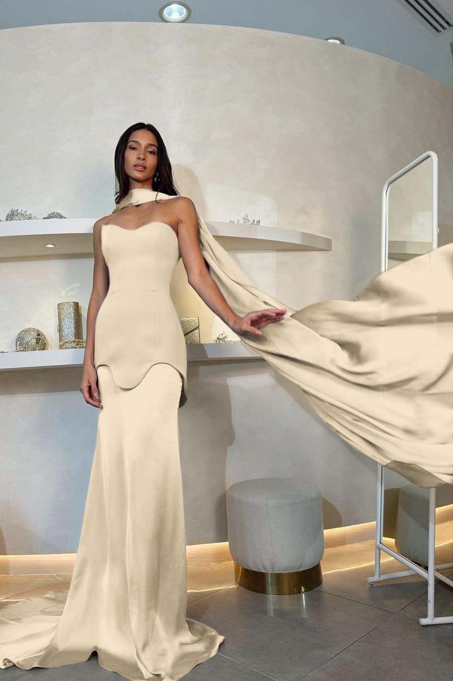 Halter Strapless Mermaid Long Pleated Prom Dress