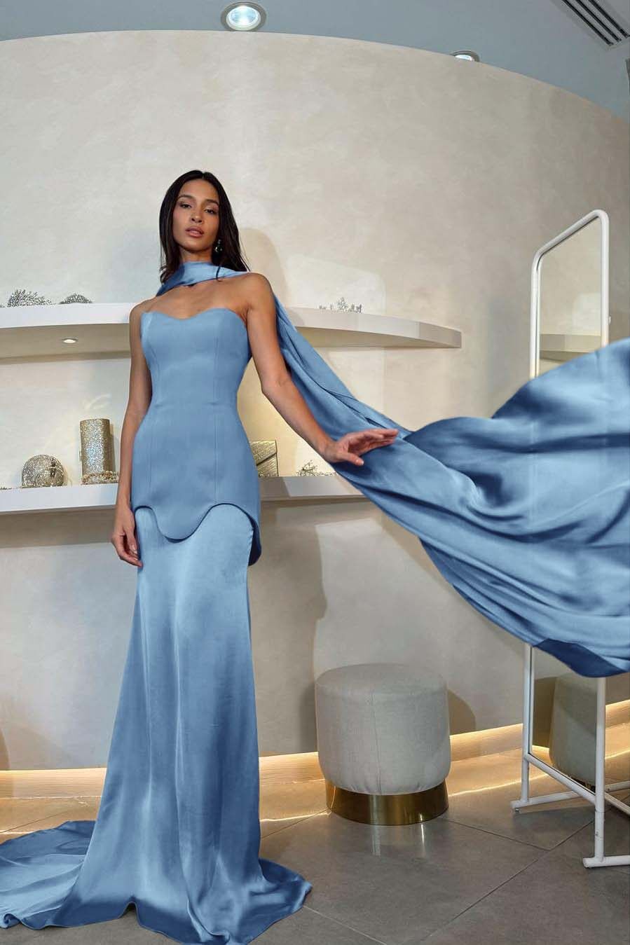 Halter Strapless Mermaid Long Pleated Prom Dress