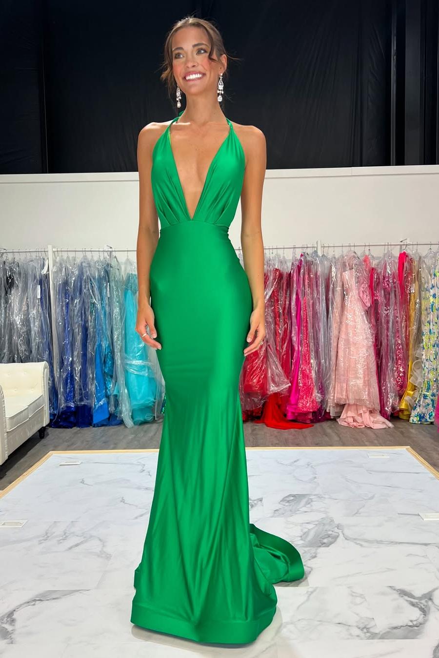 Halter V Neck Backless Mermaid Long Pleated Prom Dress