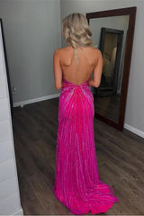 Halter V Neck Long Prom Dress with Split and Appliques