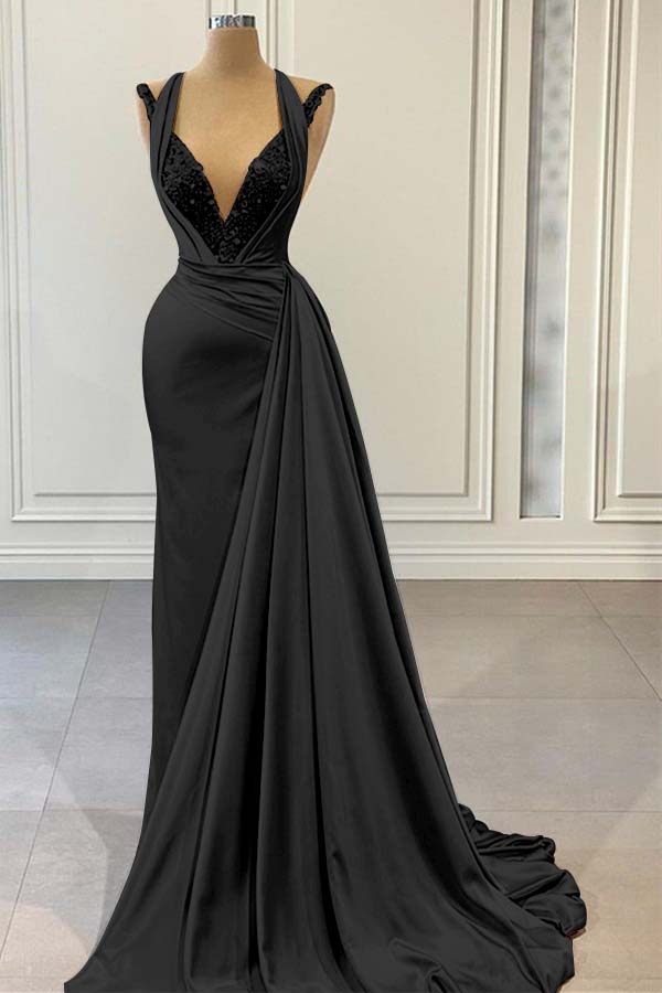 Halter V Neck Long Pleated Prom Dress with Beading