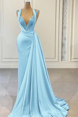 Halter V Neck Long Pleated Prom Dress with Beading