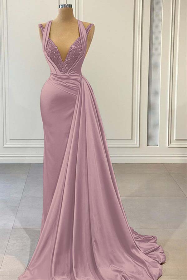 Halter V Neck Long Pleated Prom Dress with Beading