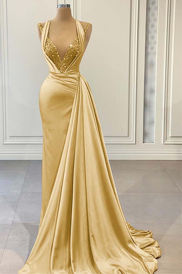 Halter V Neck Long Pleated Prom Dress with Beading