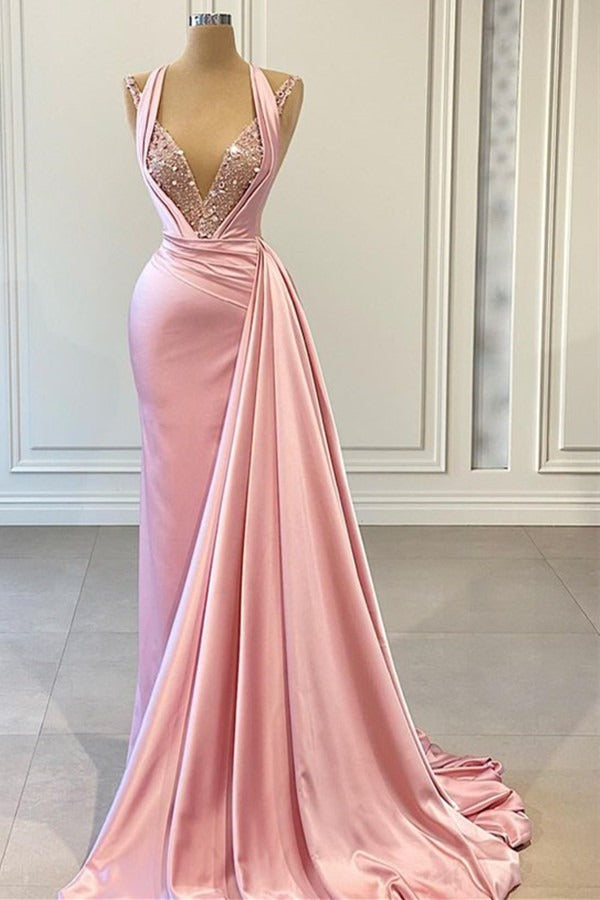 Halter V Neck Long Pleated Prom Dress with Beading