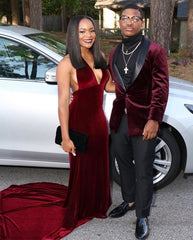 Handsome Burgundy Velvet Shawl Lapel Slim Fit Evening Suit for Party