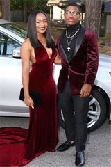 Handsome Burgundy Velvet Shawl Lapel Slim Fit Evening Suit for Party