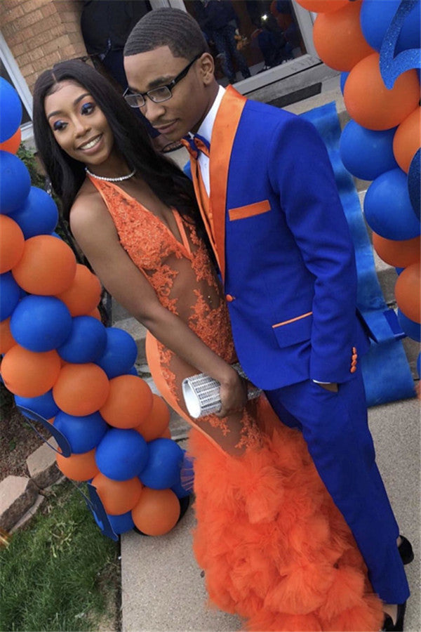 Handsome Royal Blue Beach Wedding Suit with Orange Lapel for Groom