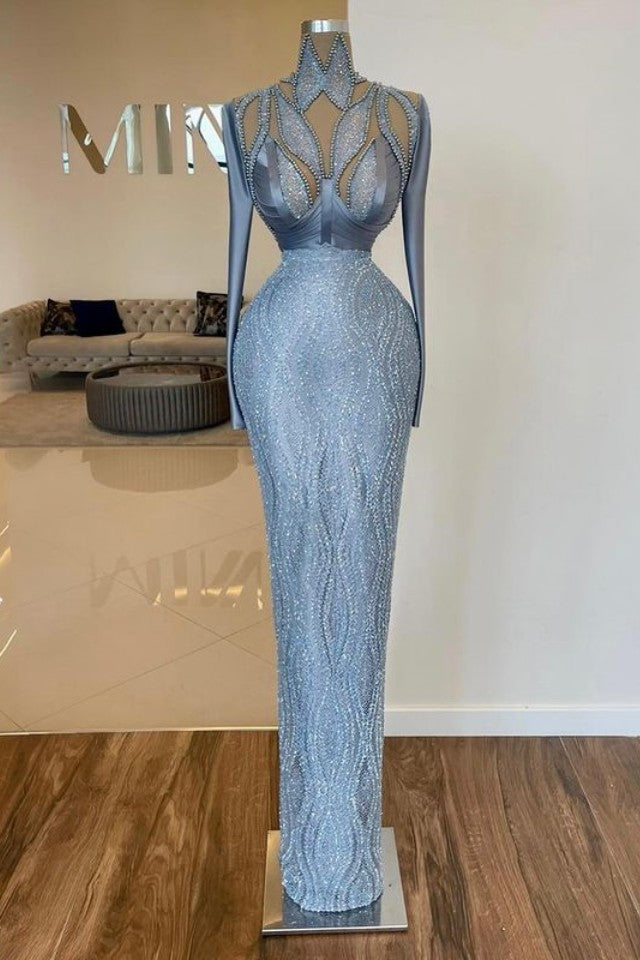 Heavy High Neck Long Sleeve Prom Dress with Sequins and Beading