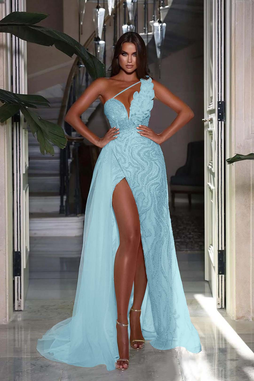 One Shoulder Long Prom Dress with High Slit and Heavy Sequins