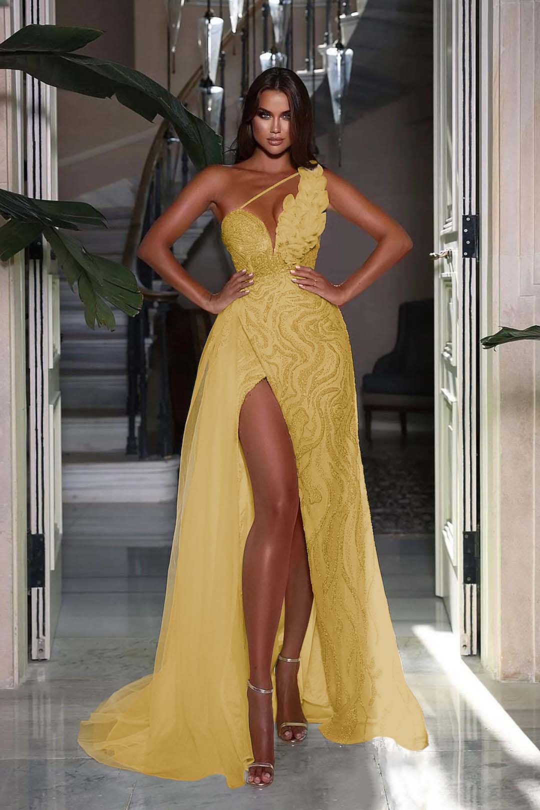 One Shoulder Long Prom Dress with High Slit and Heavy Sequins
