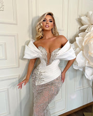 Heavy White Off the Shoulder Tulle Long Prom Dress