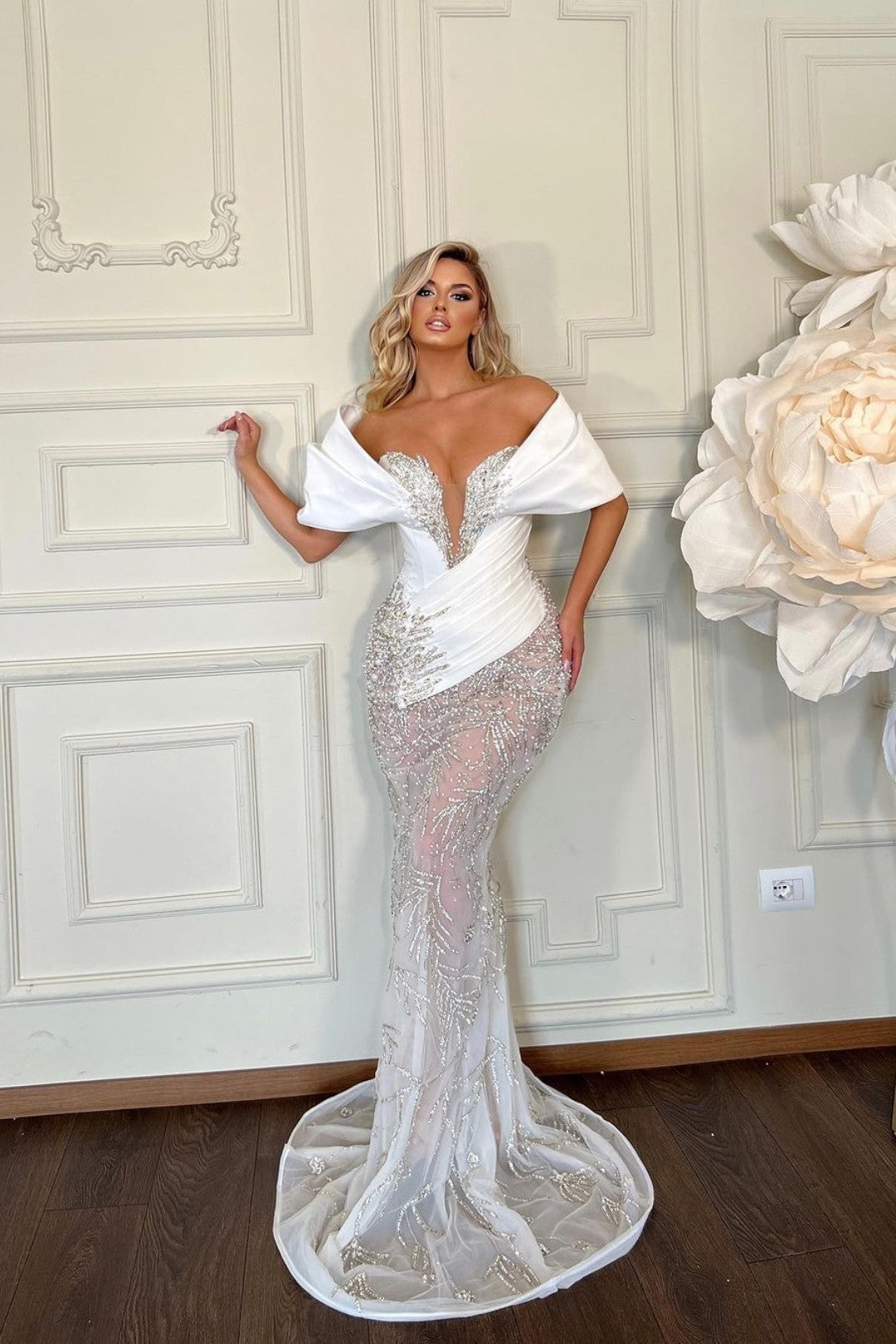 Heavy White Off the Shoulder Tulle Long Prom Dress