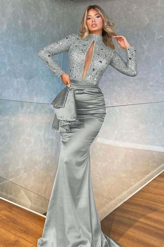 High Neck Long Sleeve Mermaid Prom Dress with Sequins Beading