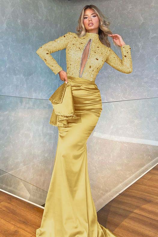 High Neck Long Sleeve Mermaid Prom Dress with Sequins Beading