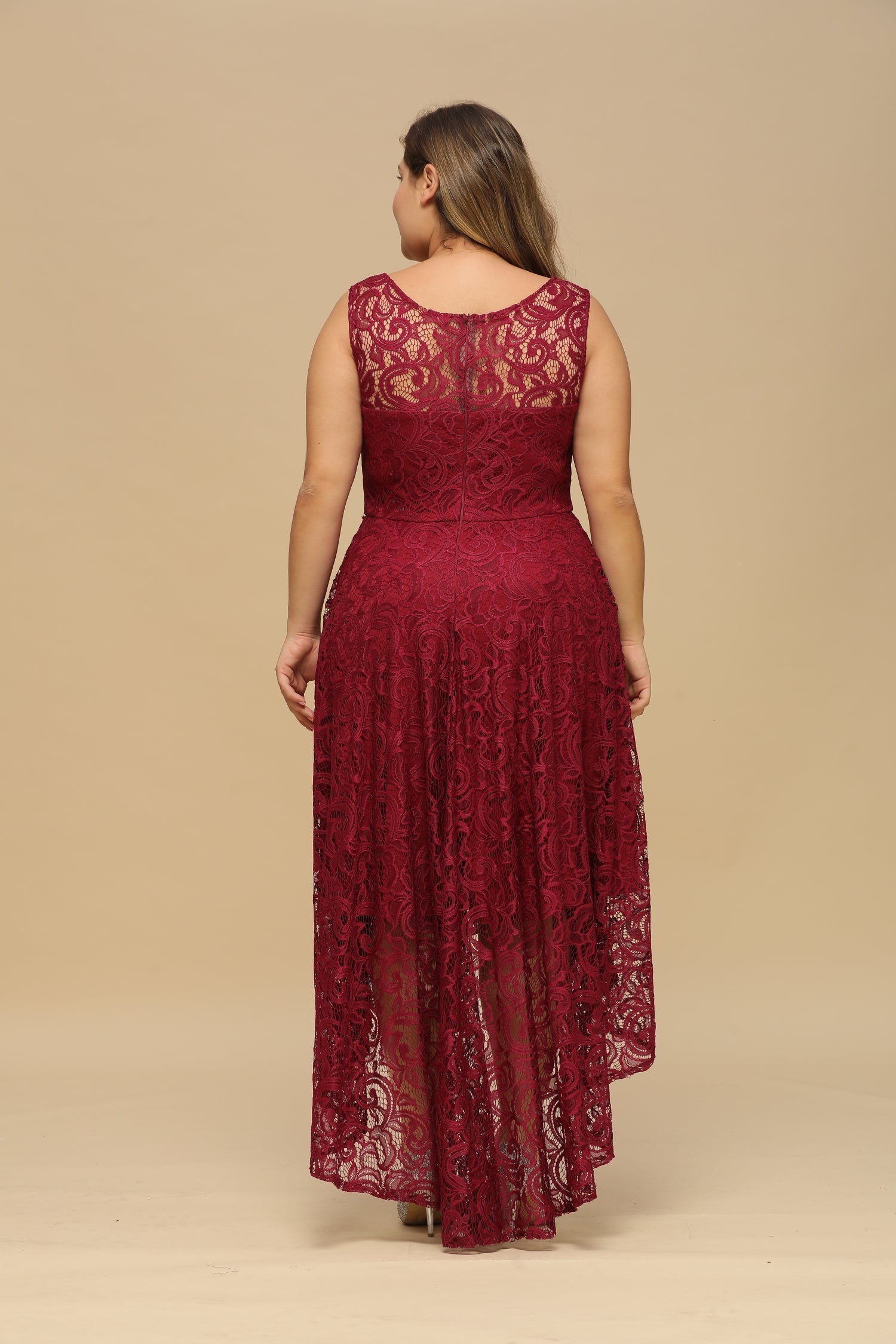 High Low A line U Neck Sleeveless Lace Formal Dress