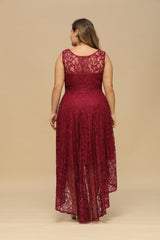 High Low A line U Neck Sleeveless Lace Formal Dress
