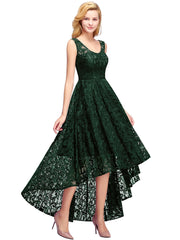 High Low A line U Neck Sleeveless Lace Formal Dress