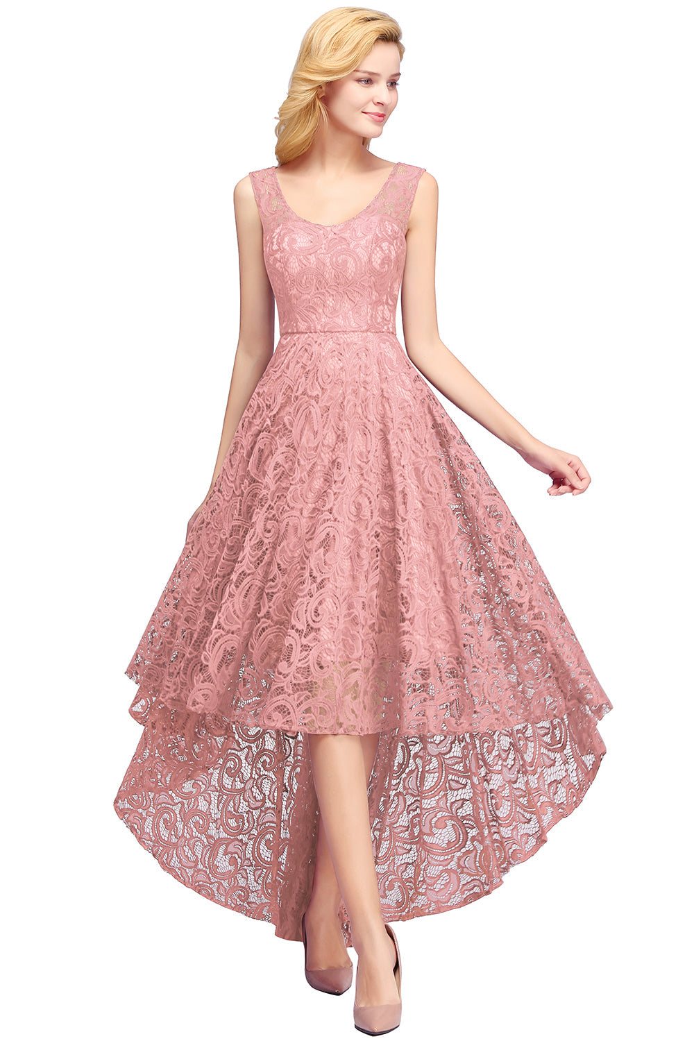 High Low A line U Neck Sleeveless Lace Formal Dress