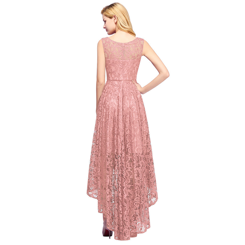 High Low A line U Neck Sleeveless Lace Formal Dress