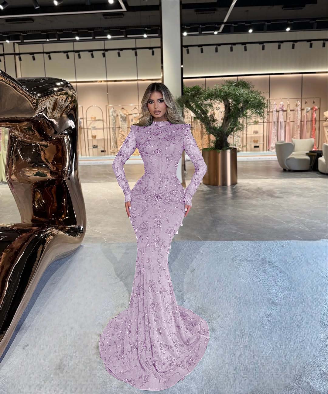 High Neck Long Sleeve Mermaid Long Prom Dress with Beading and Pleats
