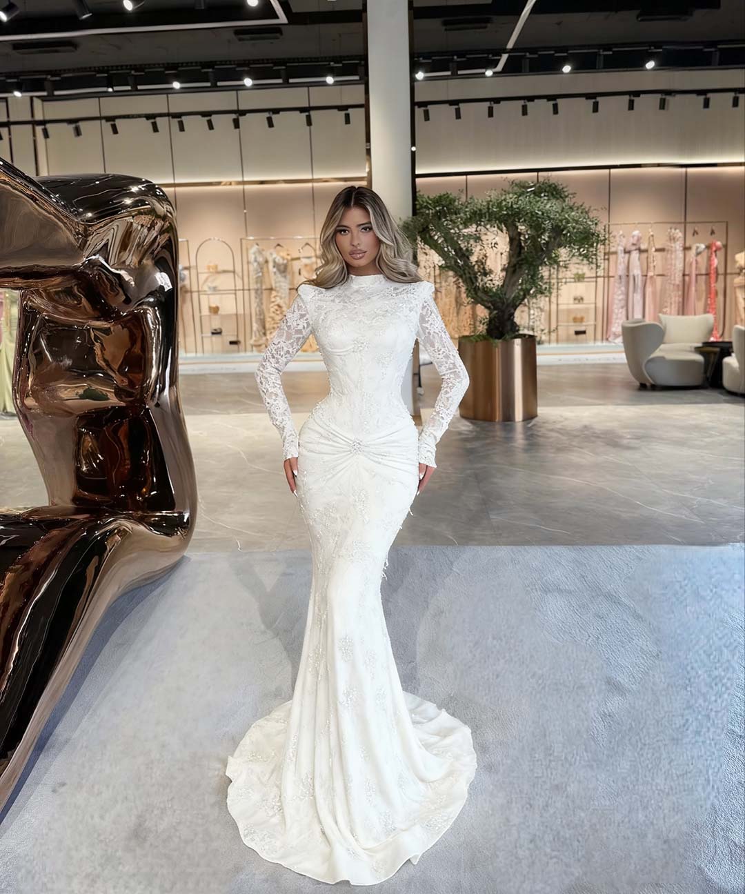 High Neck Long Sleeve Mermaid Long Prom Dress with Beading and Pleats