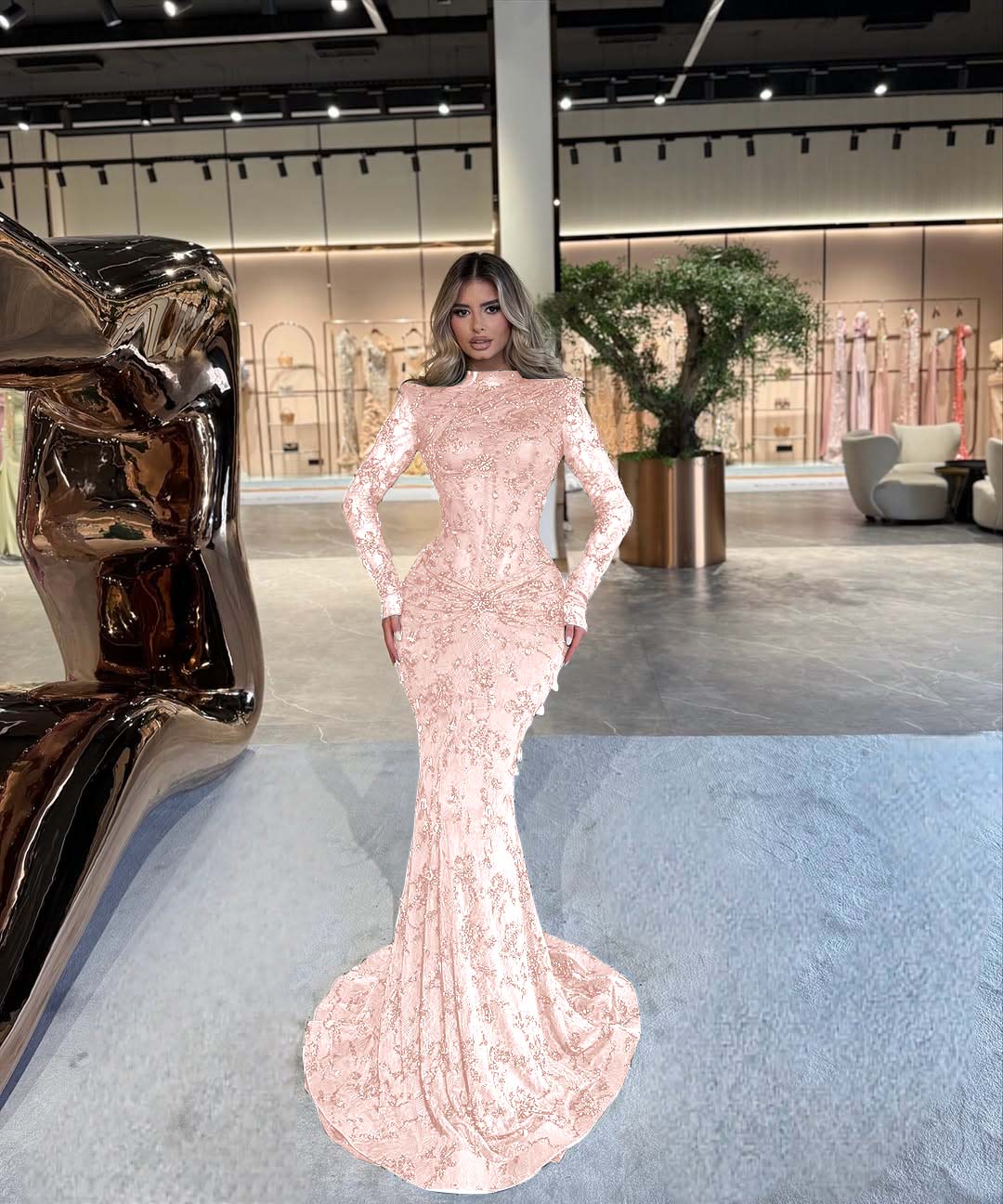 High Neck Long Sleeve Mermaid Long Prom Dress with Beading and Pleats