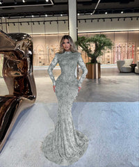 High Neck Long Sleeve Mermaid Long Prom Dress with Beading and Pleats