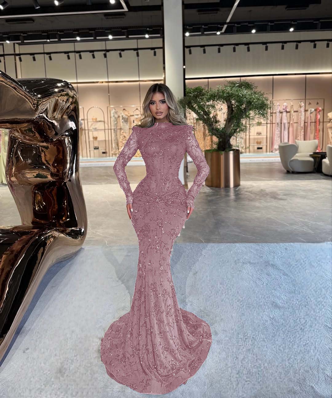 High Neck Long Sleeve Mermaid Long Prom Dress with Beading and Pleats