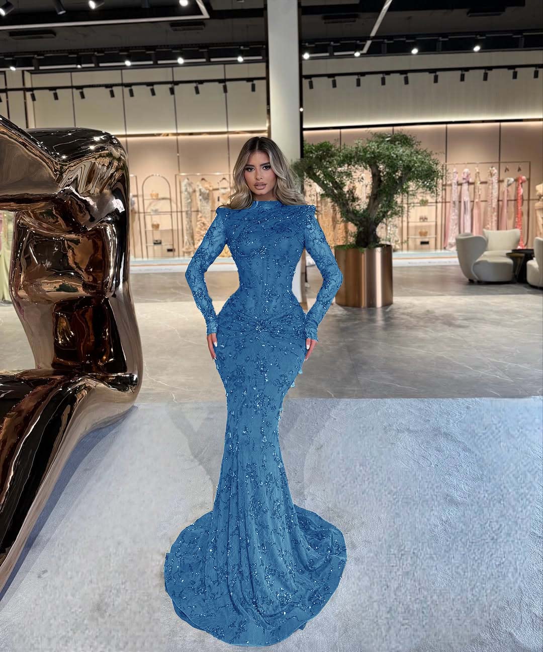 High Neck Long Sleeve Mermaid Long Prom Dress with Beading and Pleats