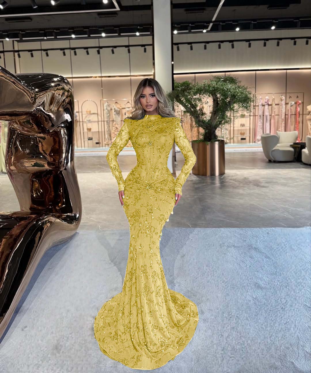 High Neck Long Sleeve Mermaid Long Prom Dress with Beading and Pleats