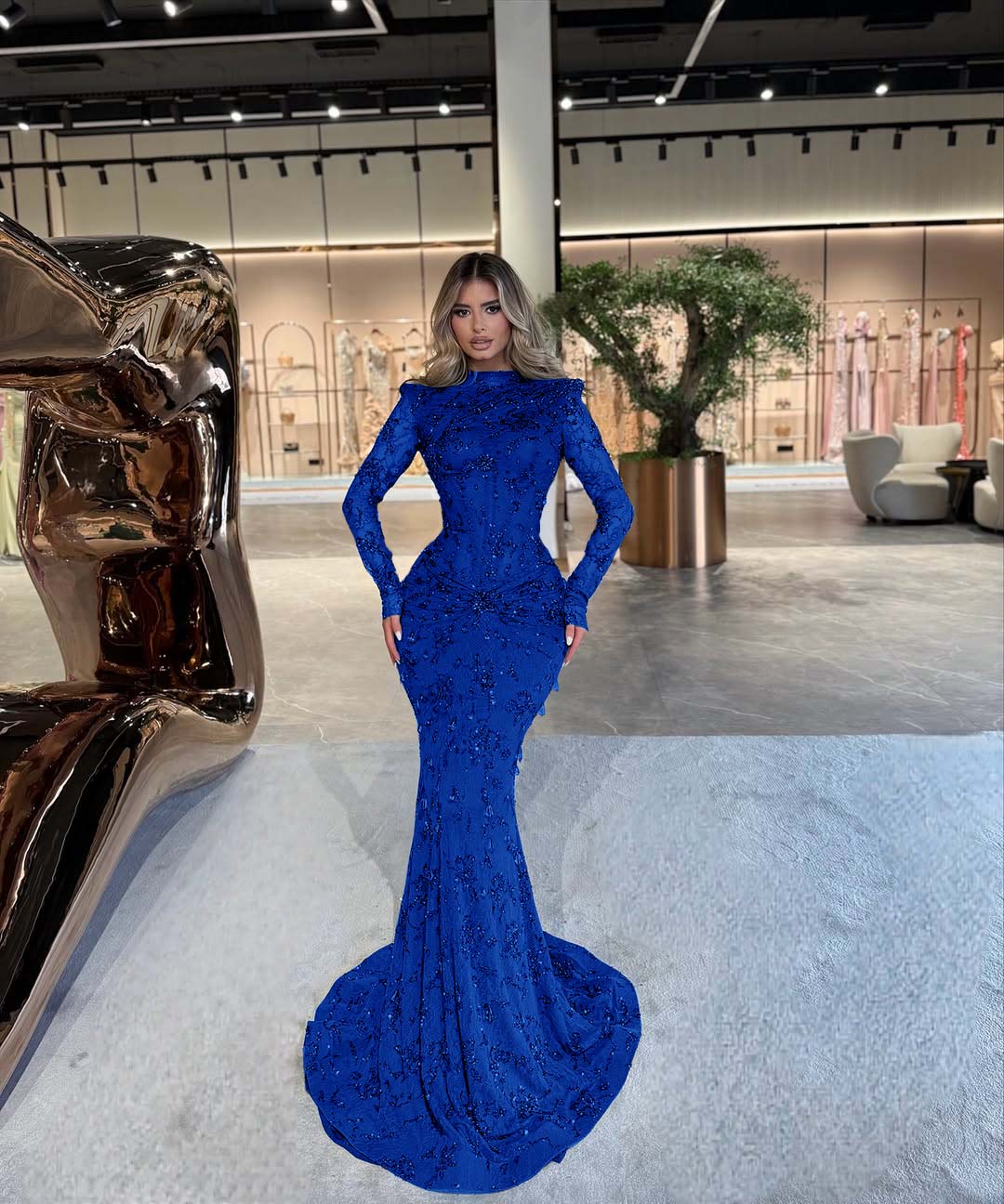 High Neck Long Sleeve Mermaid Long Prom Dress with Beading and Pleats