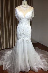 High Neck Mermaid Wedding Dress with Beading and Tassels