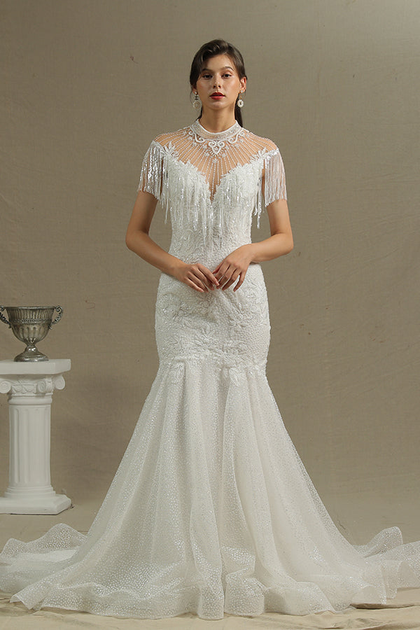 High Neck Mermaid Wedding Dress with Beading and Tassels