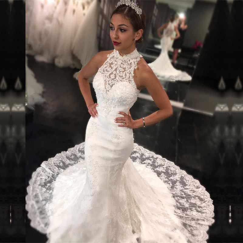 High Neck Sleeveless Long Lace Mermaid Wedding Dress with Appliques