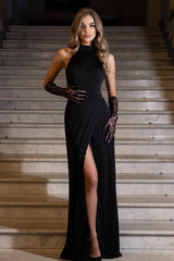 High Neck Mermaid Long Prom Dress with Split and Gloves