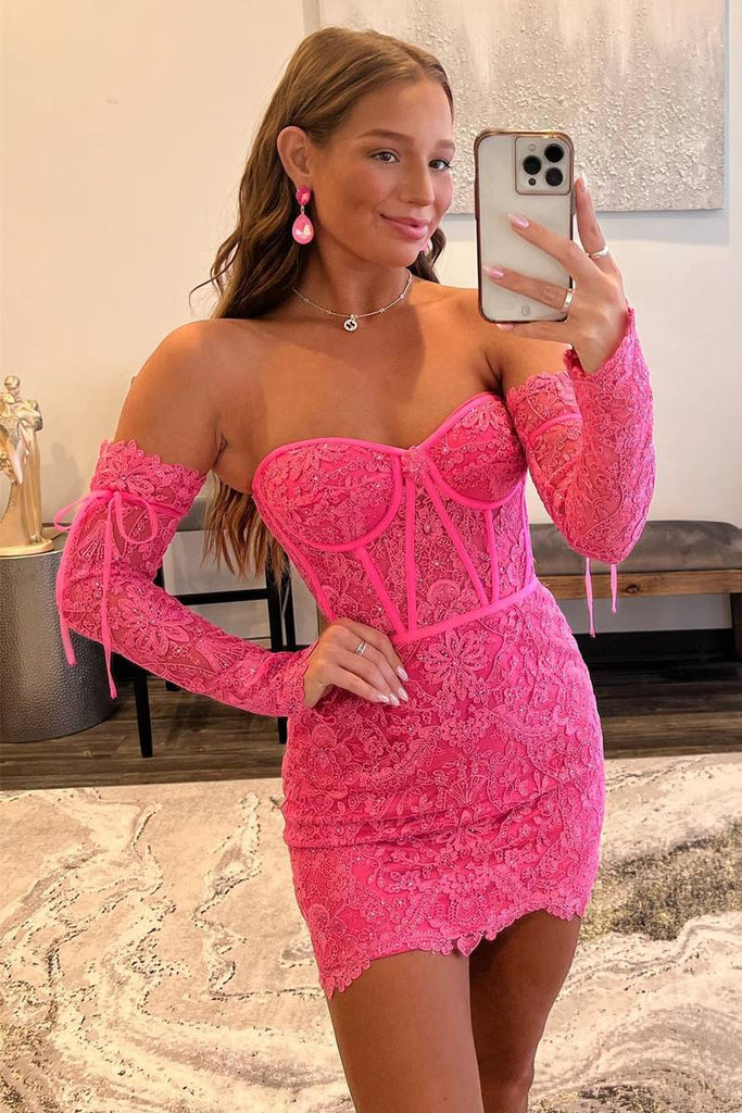 hot pink corset hoco dress Sheer-Corset Short Glitter Homecoming Dress