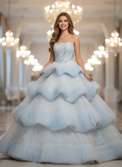 Strapless Long Blue Sequined Ball Gown Prom Dress